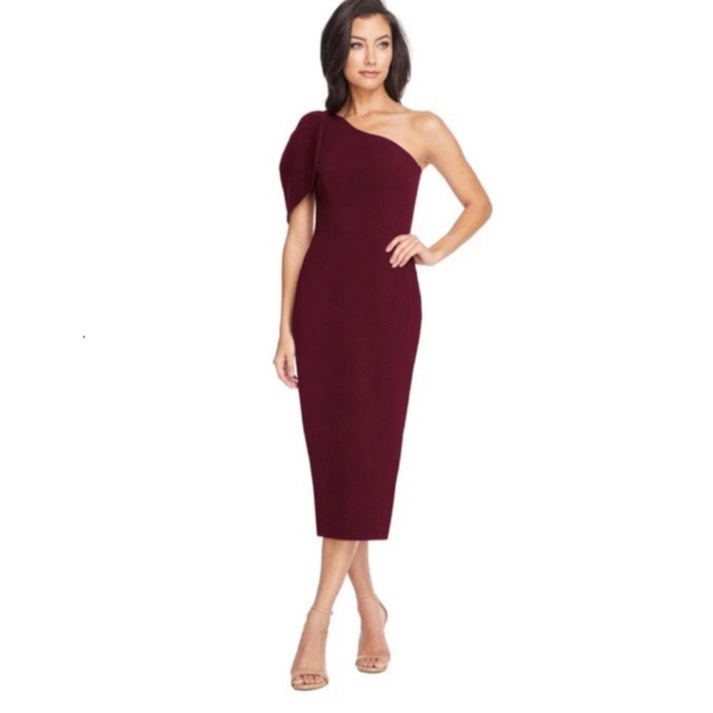 NWT Dress the Population Tiffany One-Shoulder Midiโ Dress in Dark Magenta Sz XS